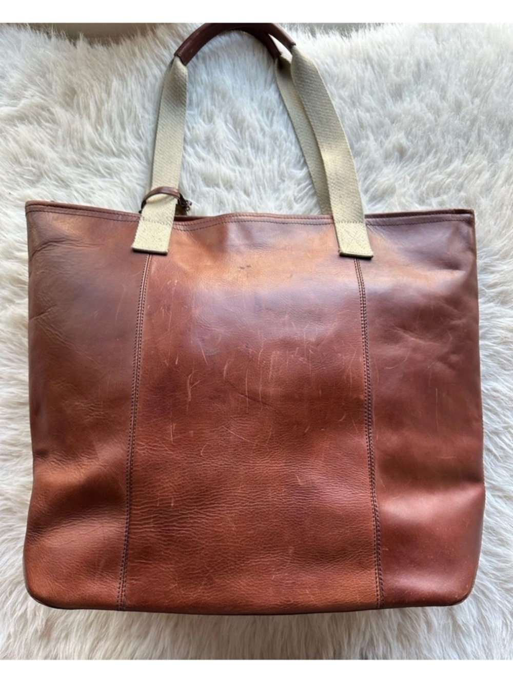 Brahmin Brown Leather big Tote Bag with Canvas Handles weekend oversized travel